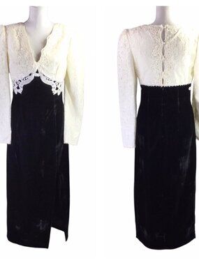 Scott McClintock Jessica Vintage Black Velvet Dress Maxi Lace Empire Size 10